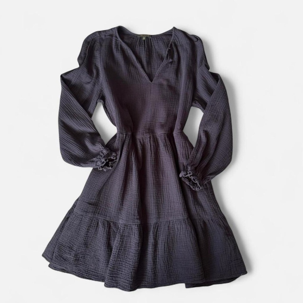 For Cynthia navy blue gauzy cotton Long Sleeve Tiered Dress M